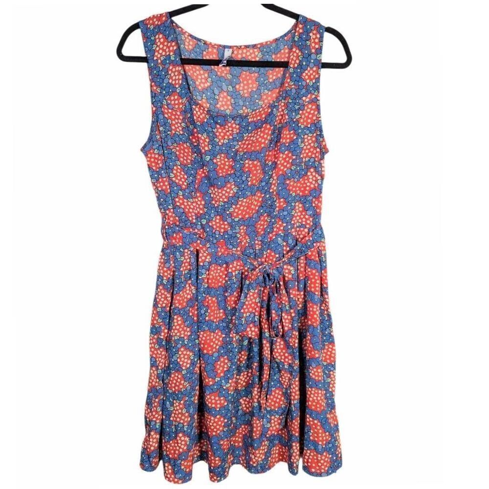 H! by Henry Holland red white blue floral dot fit flare tie waist dress 12